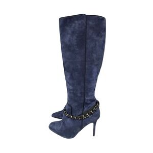 Karl Lagerfeld Blue Suede Knee High Boots Chain‎ Accent Size 8.5 Maryam